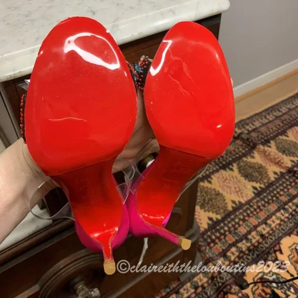 Louboutin Speleola 100 Pink Satin Rhinestone Crystal PVC Mules size 35